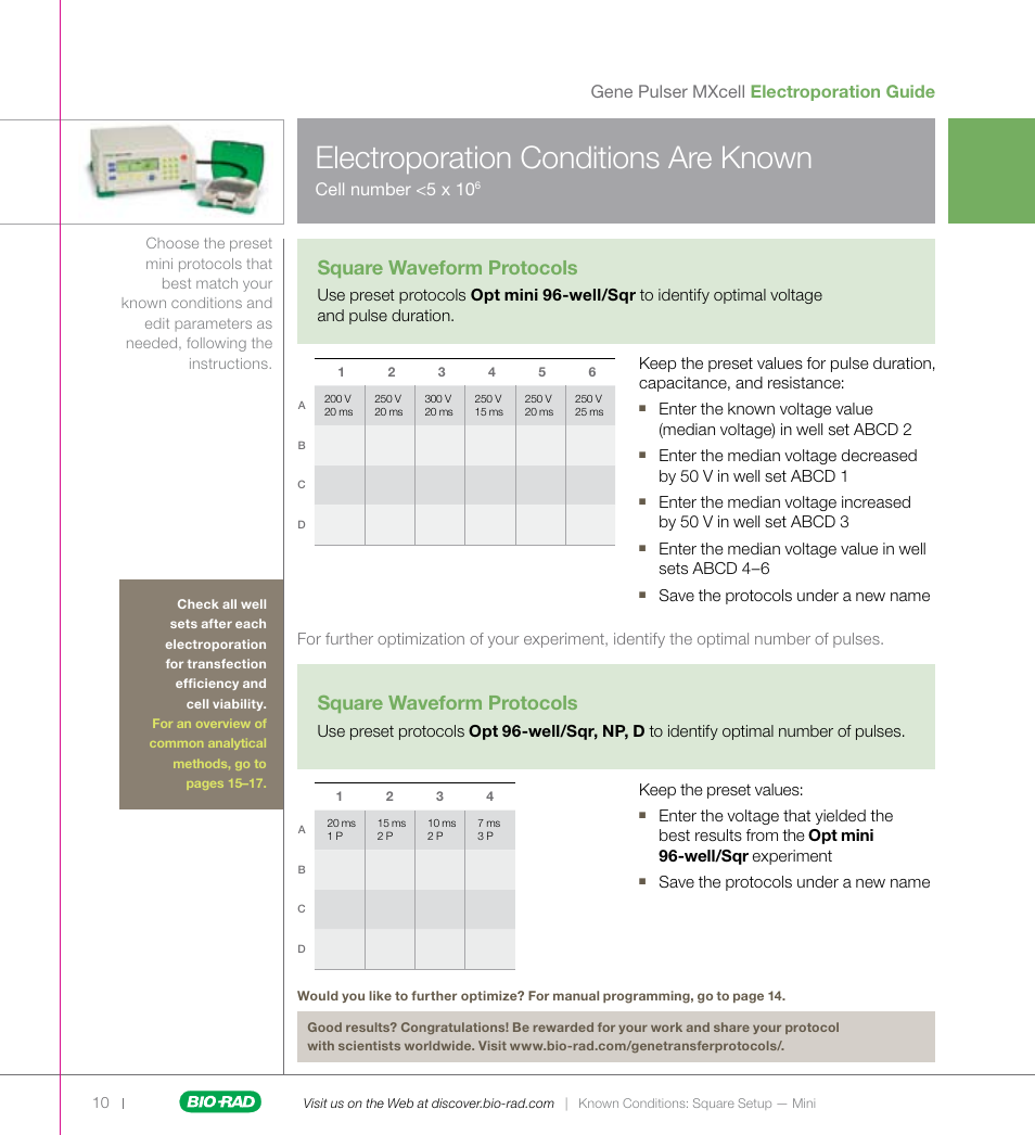 Electroporation conditions are known, Square waveform protocols | Bio-Rad Gene Pulser MXcell™ Electroporation System User Manual | Page 10 / 19