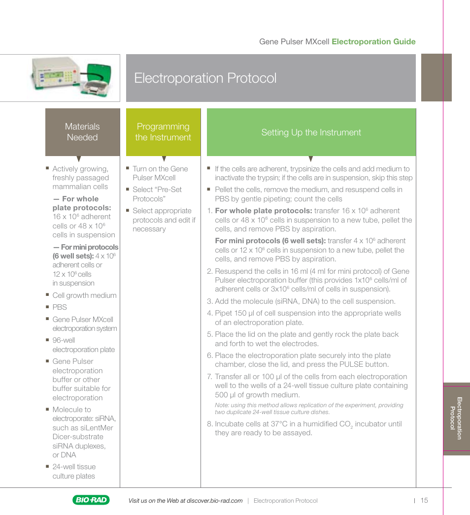 For an overview of, Common analytical, Methods, go to | Electroporation protocol, Materials needed | Bio-Rad Gene Pulser MXcell™ Electroporation System User Manual | Page 15 / 19