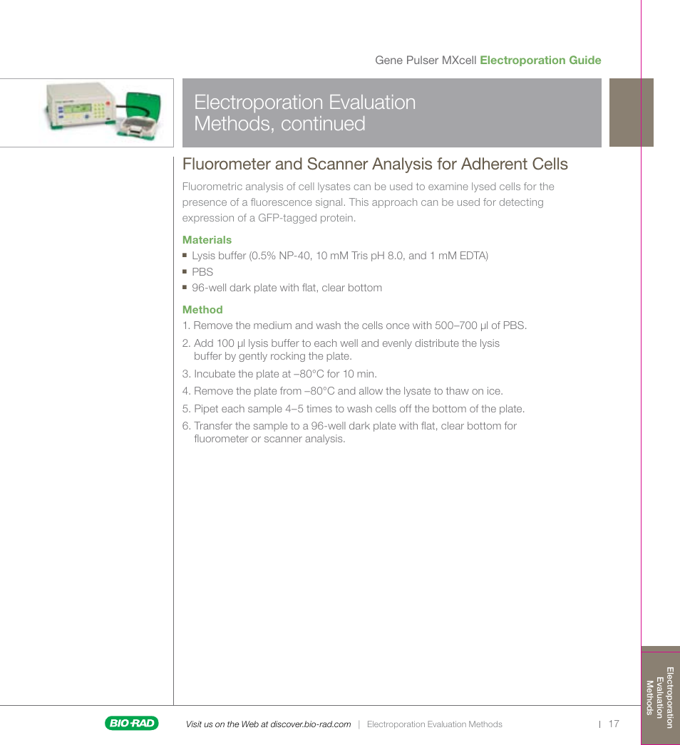 Electroporation evaluation methods, continued | Bio-Rad Gene Pulser MXcell™ Electroporation System User Manual | Page 17 / 19