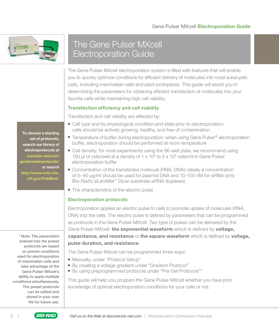 The gene pulser mxcell electroporation guide | Bio-Rad Gene Pulser MXcell™ Electroporation System User Manual | Page 2 / 19