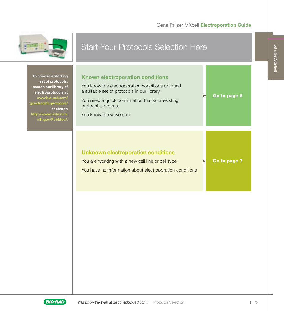 Start your protocols selection here, Known electroporation conditions, Unknown electroporation conditions | Bio-Rad Gene Pulser MXcell™ Electroporation System User Manual | Page 5 / 19