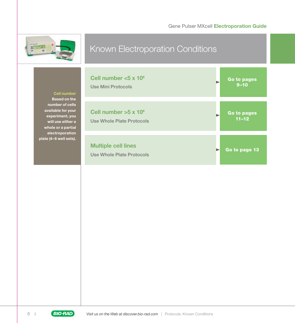 Known electroporation conditions, Cell number <5 x 10, Cell number >5 x 10 | Multiple cell lines | Bio-Rad Gene Pulser MXcell™ Electroporation System User Manual | Page 6 / 19