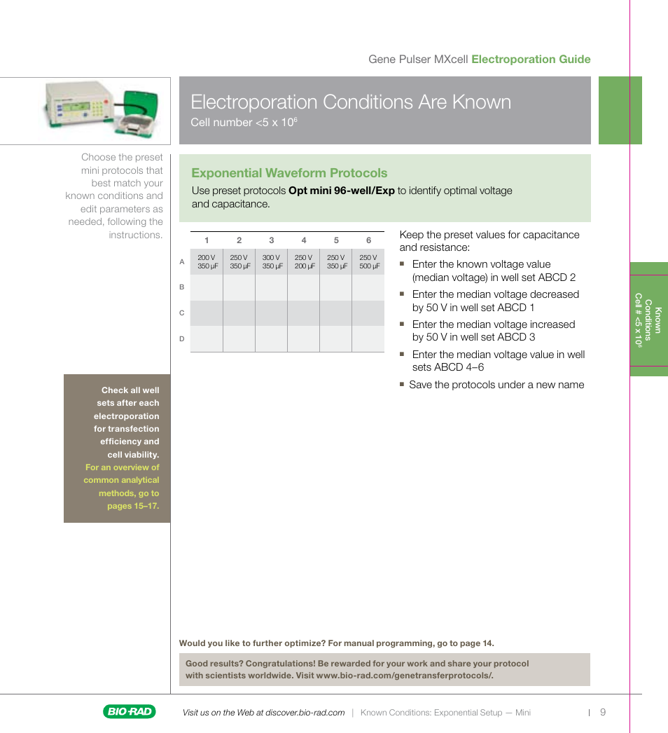 Electroporation conditions are known, Exponential waveform protocols, Cell number <5 x 10 | Gene pulser mxcell electroporation guide | Bio-Rad Gene Pulser MXcell™ Electroporation System User Manual | Page 9 / 19