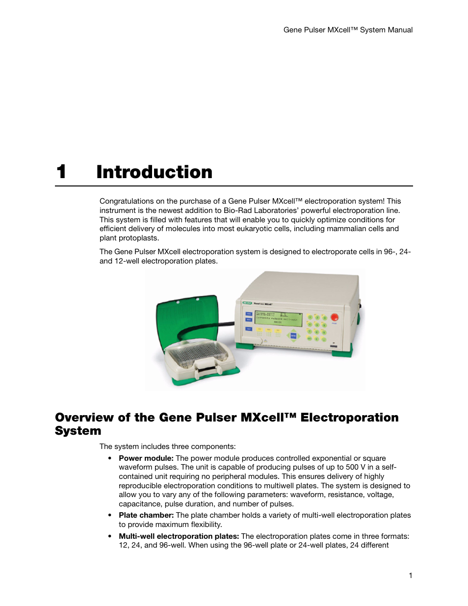 1 introduction, Chapter 1. introduction, Introduction | Bio-Rad Gene Pulser MXcell™ Electroporation System User Manual | Page 10 / 66
