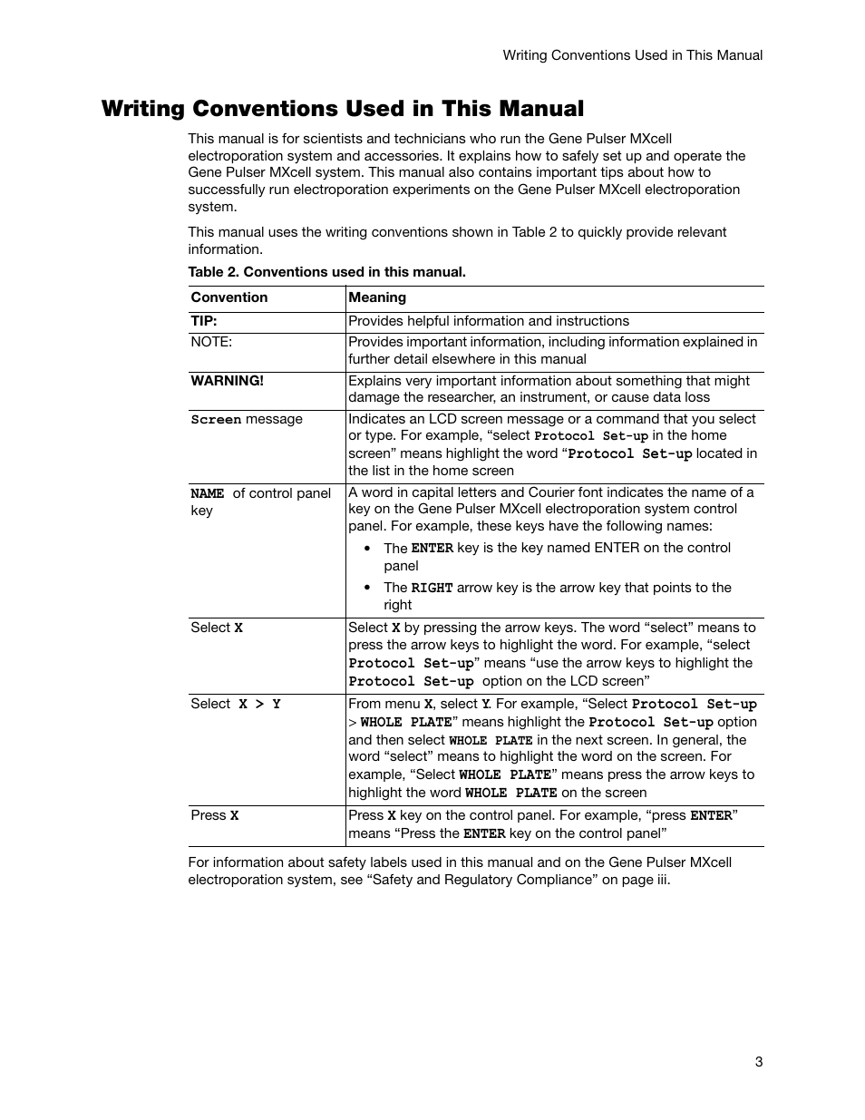 Writing conventions used in this manual | Bio-Rad Gene Pulser MXcell™ Electroporation System User Manual | Page 12 / 66