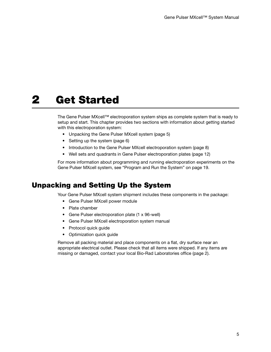 2 get started, Unpacking and setting up the system, Chapter 2. get started | Get started | Bio-Rad Gene Pulser MXcell™ Electroporation System User Manual | Page 14 / 66