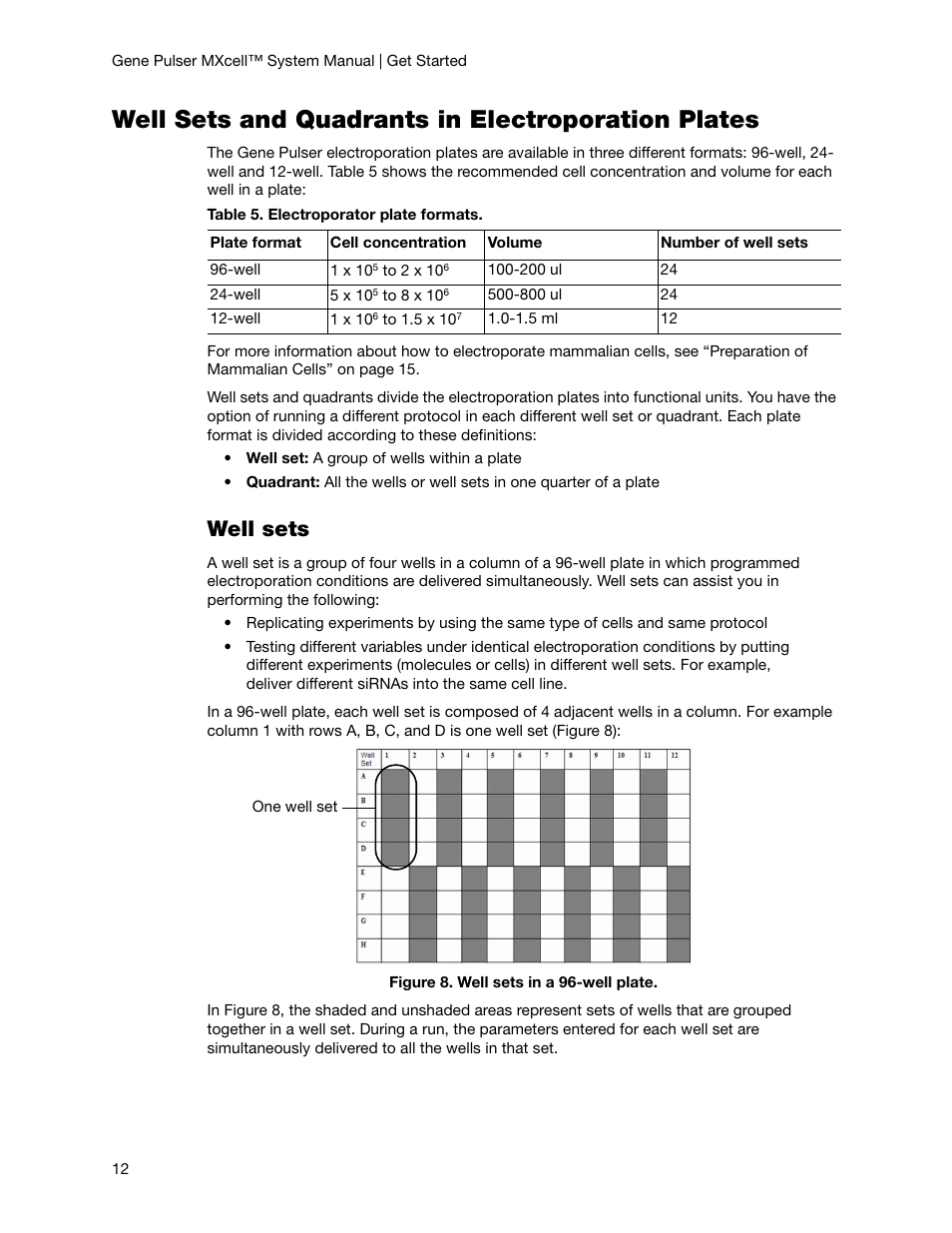 Well sets and quadrants in electroporation plates, Well sets | Bio-Rad Gene Pulser MXcell™ Electroporation System User Manual | Page 21 / 66