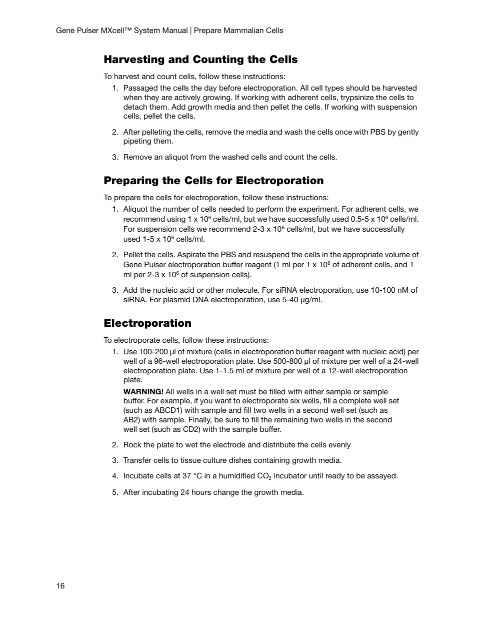 Harvesting and counting the cells, Preparing the cells for electroporation, Electroporation | Bio-Rad Gene Pulser MXcell™ Electroporation System User Manual | Page 25 / 66