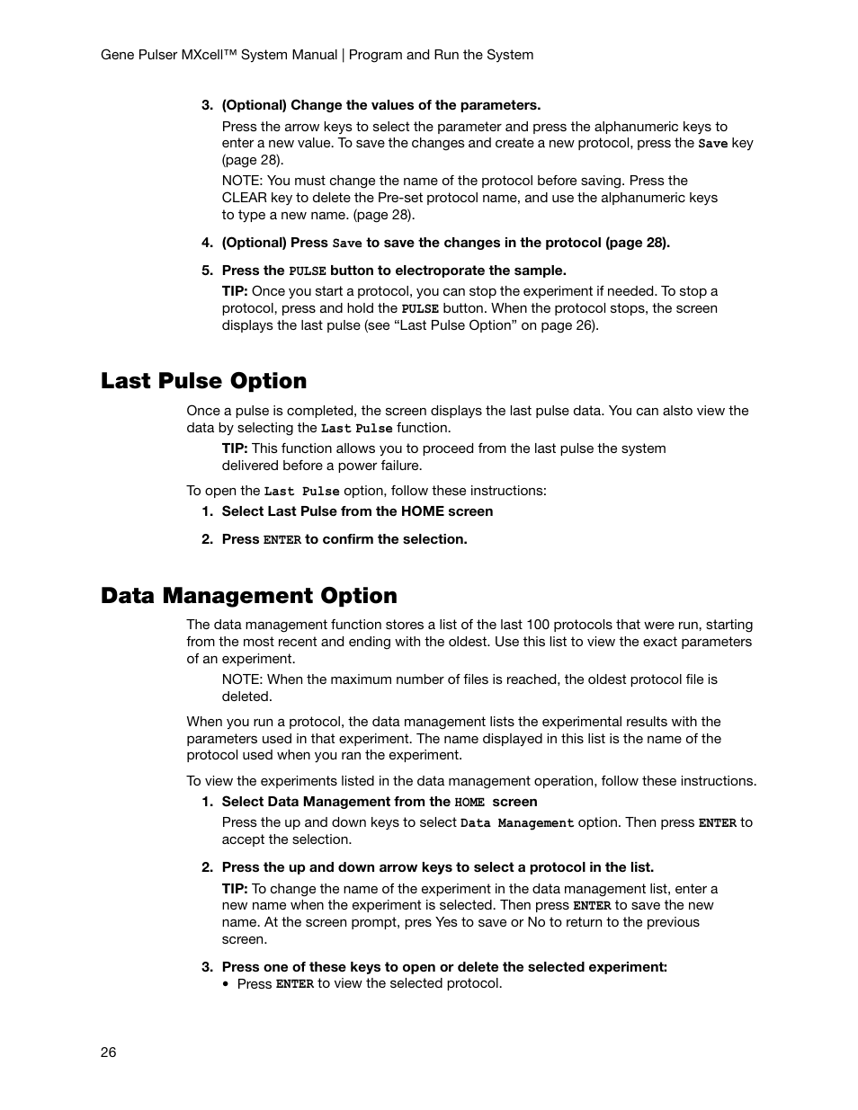 Last pulse option, Data management option, Last pulse option data management option | Bio-Rad Gene Pulser MXcell™ Electroporation System User Manual | Page 35 / 66