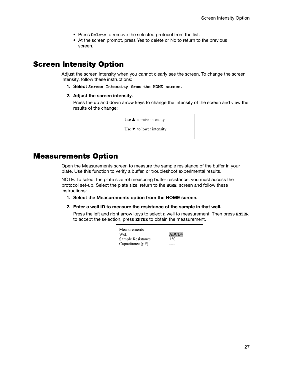 Screen intensity option, Measurements option, Screen intensity option measurements option | Bio-Rad Gene Pulser MXcell™ Electroporation System User Manual | Page 36 / 66