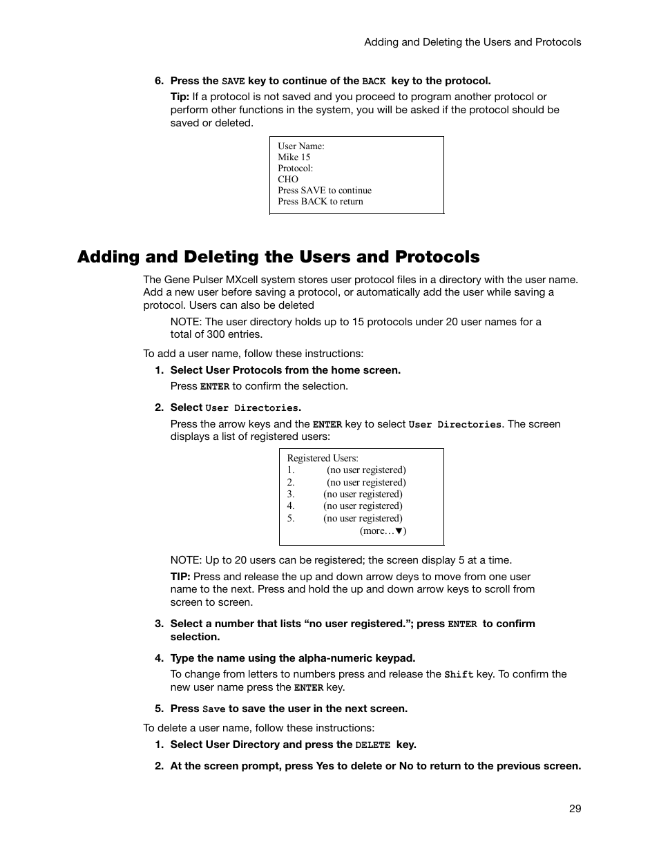 Adding and deleting the users and protocols | Bio-Rad Gene Pulser MXcell™ Electroporation System User Manual | Page 38 / 66