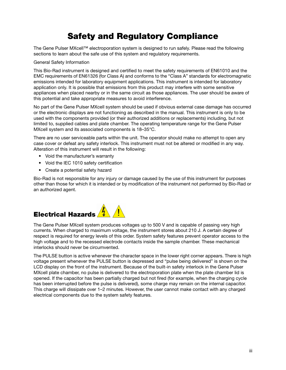 Safety and regulatory compliance, Electrical hazards | Bio-Rad Gene Pulser MXcell™ Electroporation System User Manual | Page 4 / 66