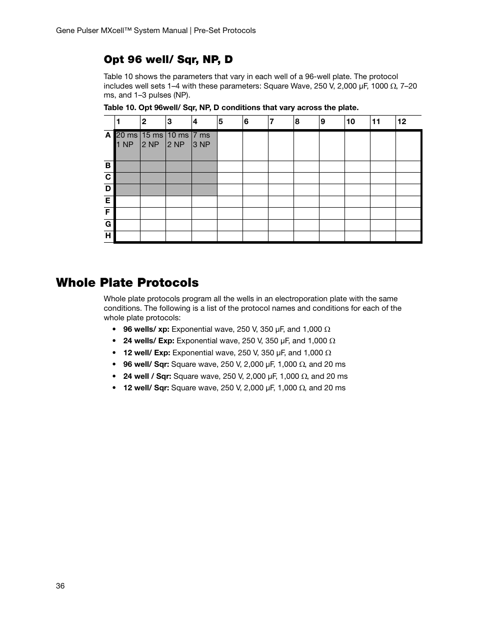 Whole plate protocols, Opt 96 well/ sqr, np, d | Bio-Rad Gene Pulser MXcell™ Electroporation System User Manual | Page 45 / 66