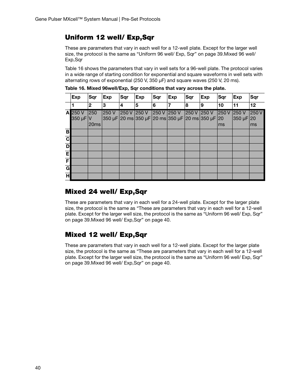 Uniform 12 well/ exp,sqr, Mixed 24 well/ exp,sqr, Mixed 12 well/ exp,sqr | Bio-Rad Gene Pulser MXcell™ Electroporation System User Manual | Page 49 / 66