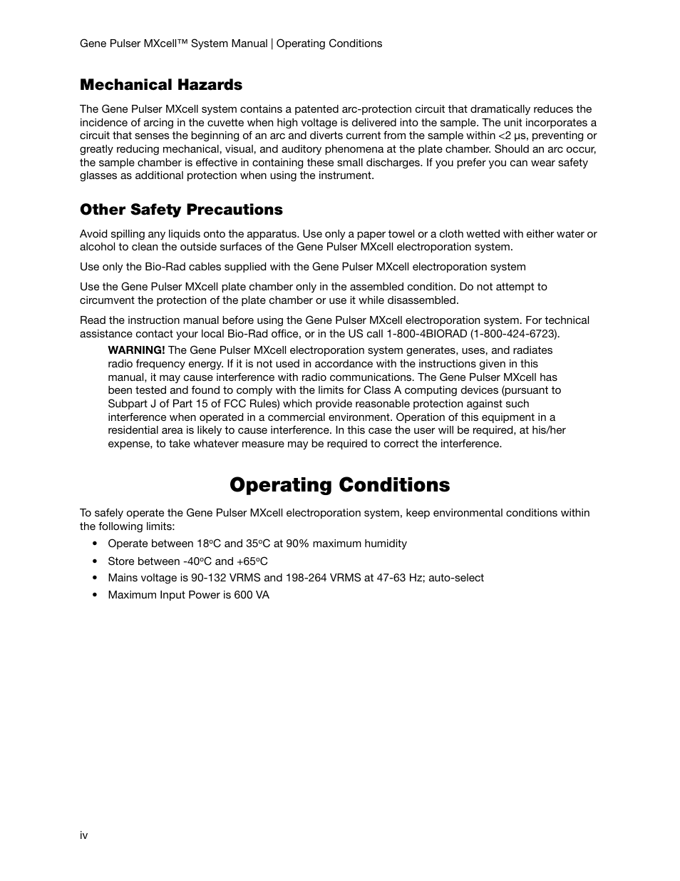 Operating conditions, Mechanical hazards, Other safety precautions | Bio-Rad Gene Pulser MXcell™ Electroporation System User Manual | Page 5 / 66