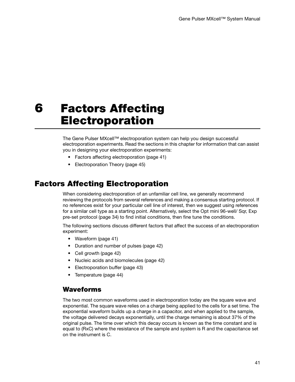 6 factors affecting electroporation, Factors affecting electroporation, Chapter 6. factors affecting electroporation | Waveforms | Bio-Rad Gene Pulser MXcell™ Electroporation System User Manual | Page 50 / 66