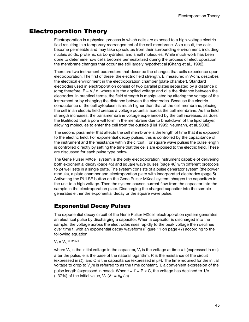 Electroporation theory, Exponential decay pulses | Bio-Rad Gene Pulser MXcell™ Electroporation System User Manual | Page 54 / 66