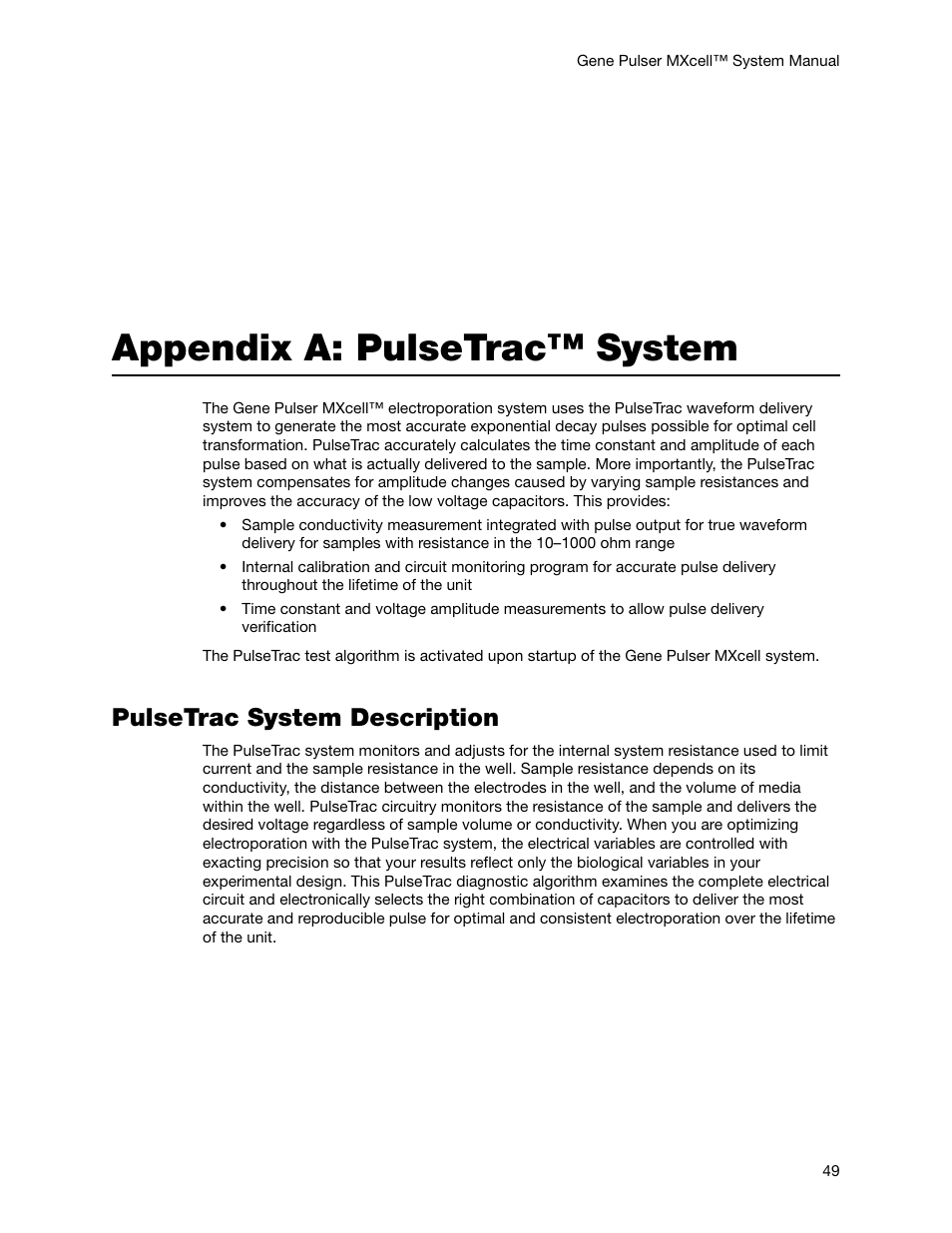 Appendix a: pulsetrac™ system, Pulsetrac system description | Bio-Rad Gene Pulser MXcell™ Electroporation System User Manual | Page 58 / 66