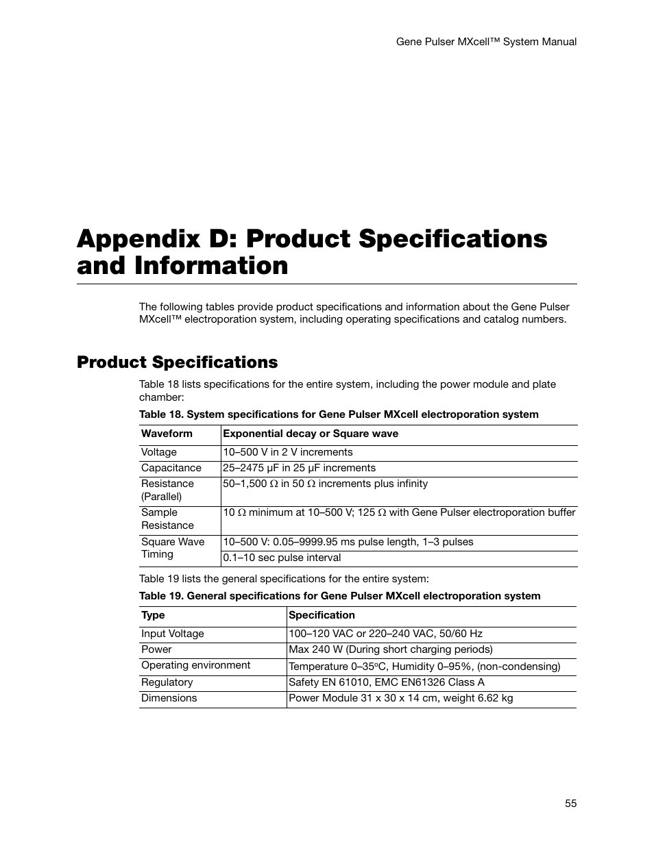 Appendix d: product specifications and information, Product specifications | Bio-Rad Gene Pulser MXcell™ Electroporation System User Manual | Page 64 / 66
