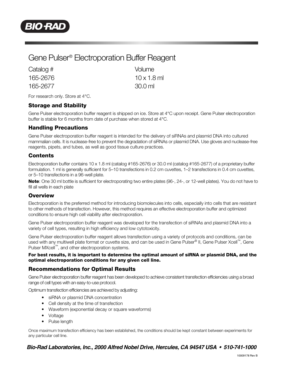 Bio-Rad Gene Pulser® Electroporation Buffer User Manual | 2 pages