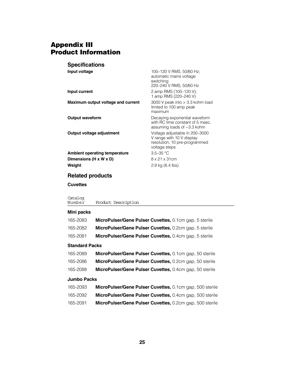 Appendix iii product information | Bio-Rad MicroPulser™ Electroporator User Manual | Page 29 / 31