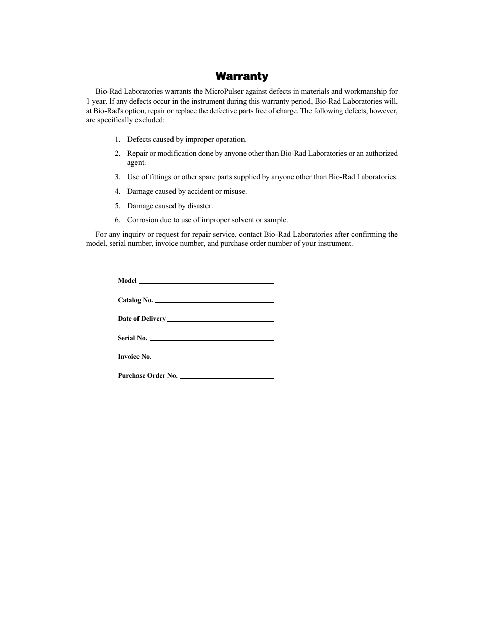 Warranty | Bio-Rad MicroPulser™ Electroporator User Manual | Page 4 / 31