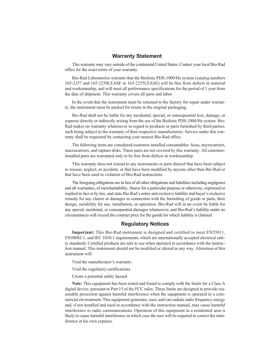 Warranty and regulatory notices | Bio-Rad PDS-1000 / He™ and Hepta™ Systems User Manual | Page 2 / 51