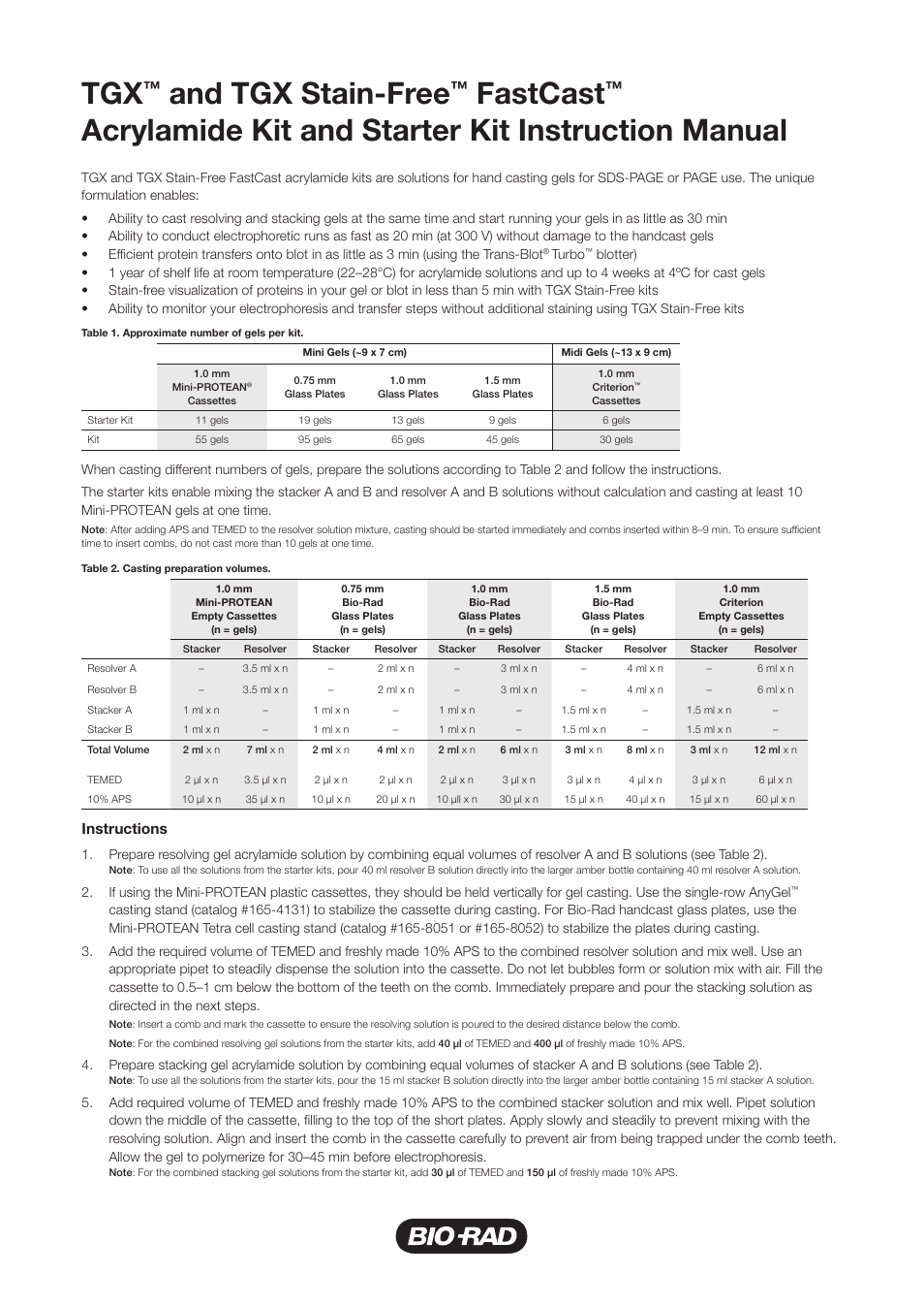 Bio-Rad TGX Stain-Free™ FastCast™ Acrylamide Solutions User Manual | 2 pages