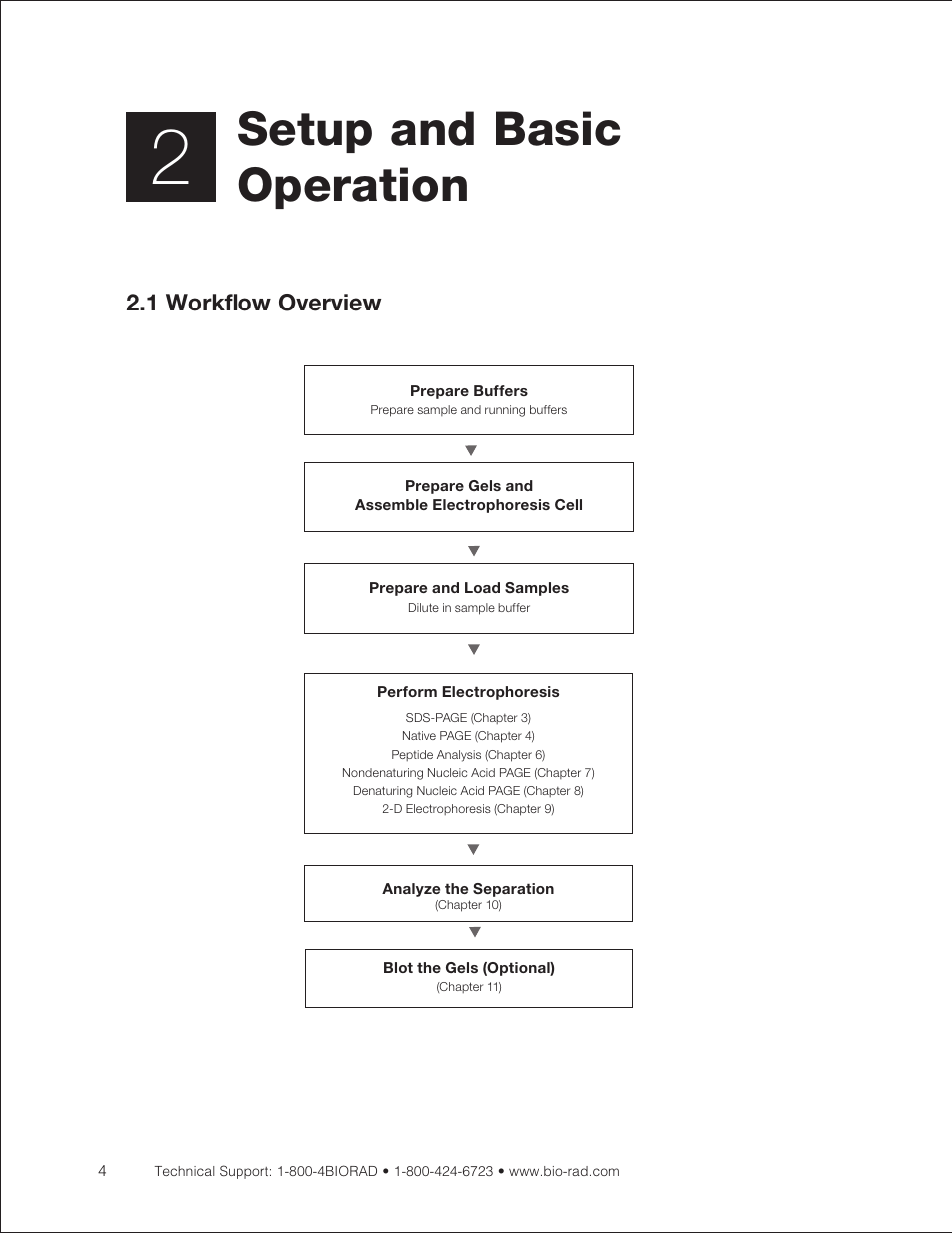 Chapter 2: setup and basic operation, 1 workflow overview, Setup and basic operation | Bio-Rad Mini-PROTEAN® TGX™ Precast Gels for 2-D Electrophoresis User Manual | Page 10 / 52