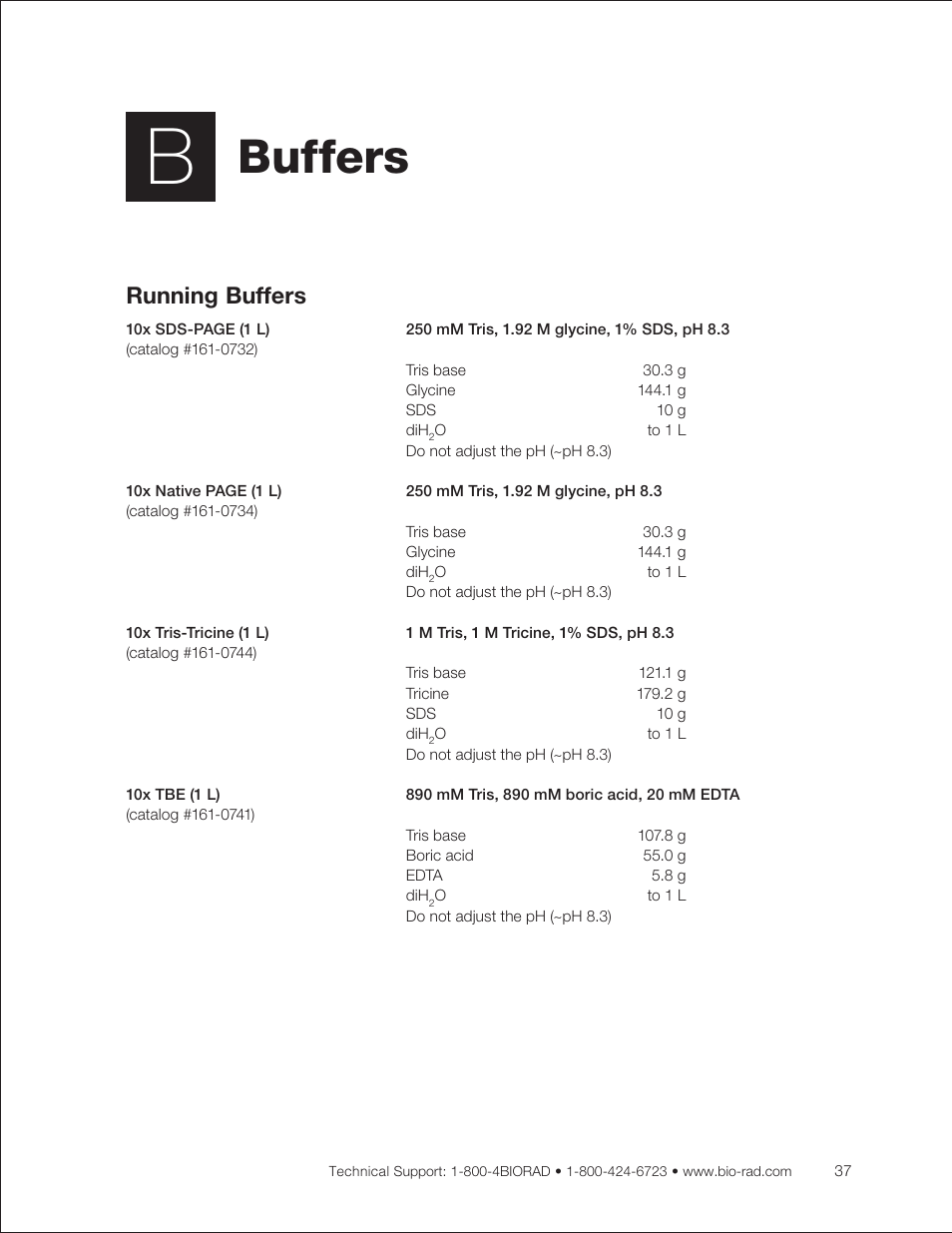 Appendix b: buffers, Buffers, Running buffers | Bio-Rad Mini-PROTEAN® TGX™ Precast Gels for 2-D Electrophoresis User Manual | Page 43 / 52