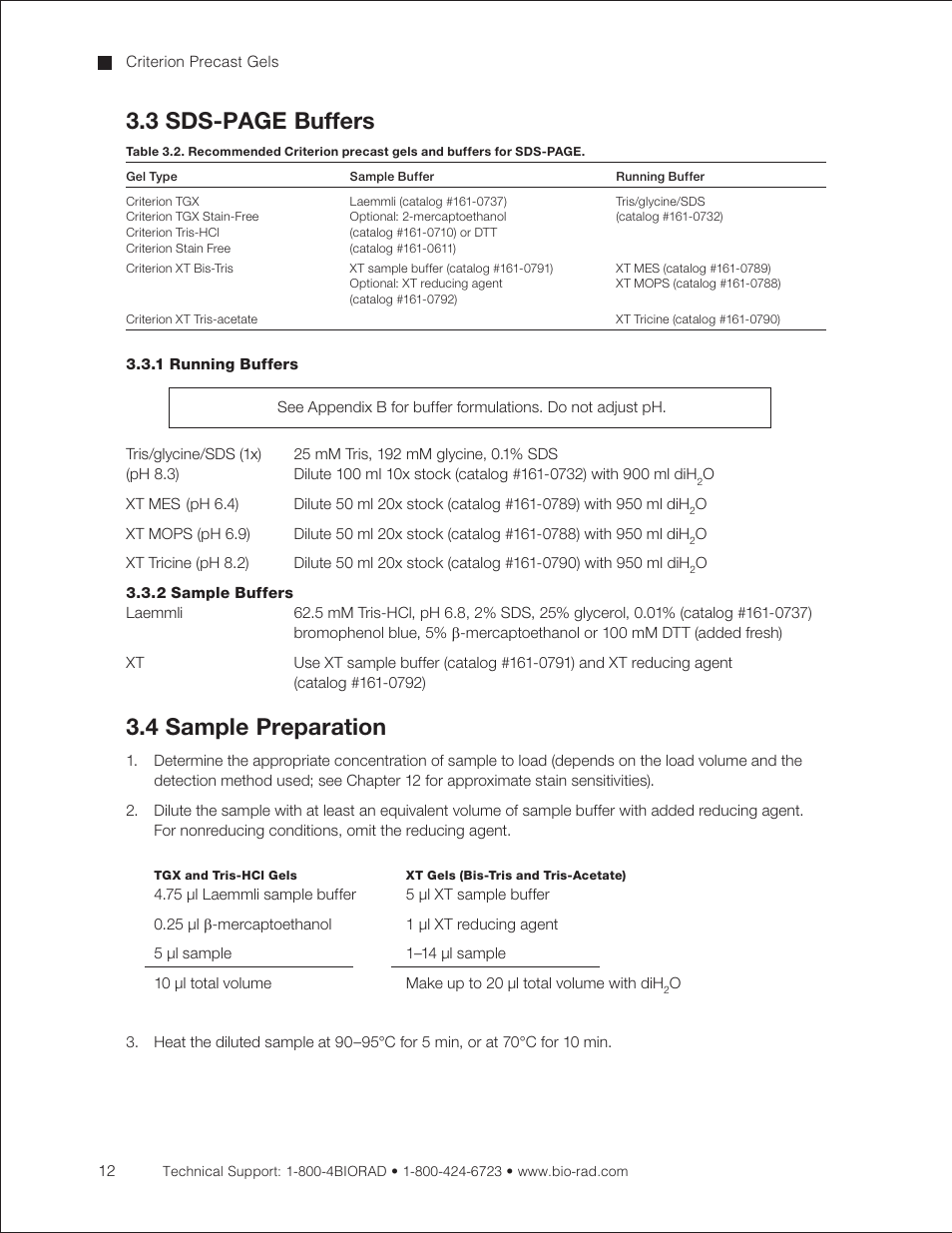 1 running buffers, 2 sample buffers, 4 sample preparation | 3 sds-page buffers | Bio-Rad Criterion™ TBE-Urea Precast Gels User Manual | Page 18 / 60