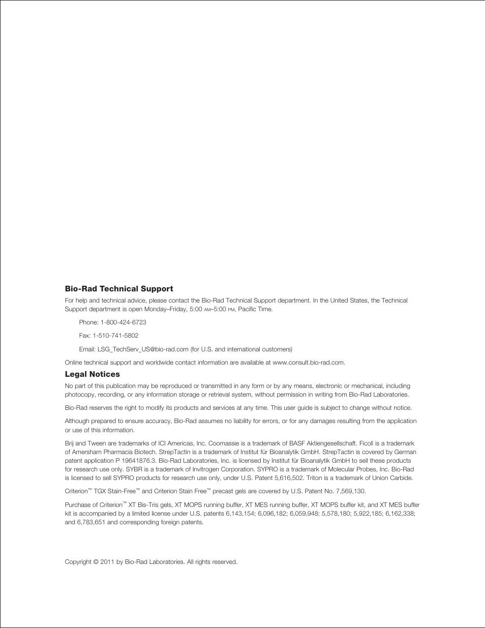 Bio-rad technical support, Legal notices | Bio-Rad Criterion™ TBE-Urea Precast Gels User Manual | Page 2 / 60