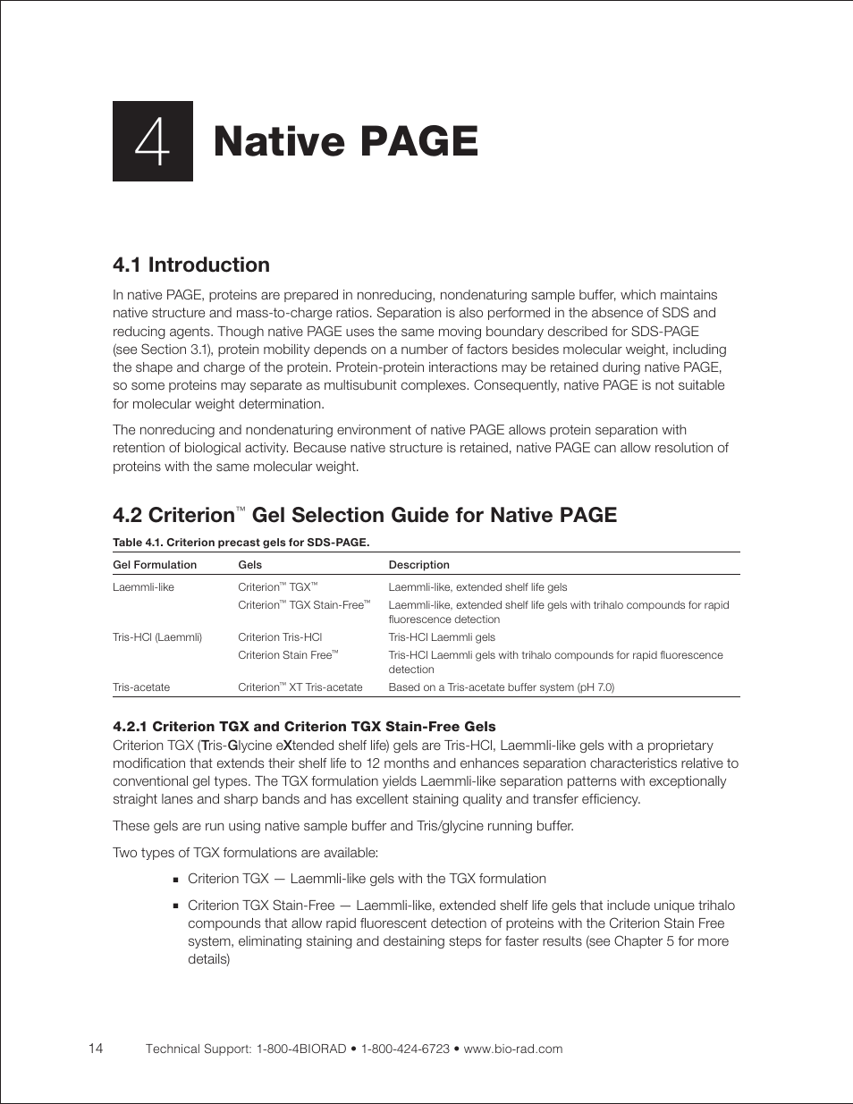 1 introduction, 1 criterion tgx and criterion tgx stain-free gels, Native page | 2 criterion, Gel selection guide for native page | Bio-Rad Criterion™ TBE-Urea Precast Gels User Manual | Page 20 / 60