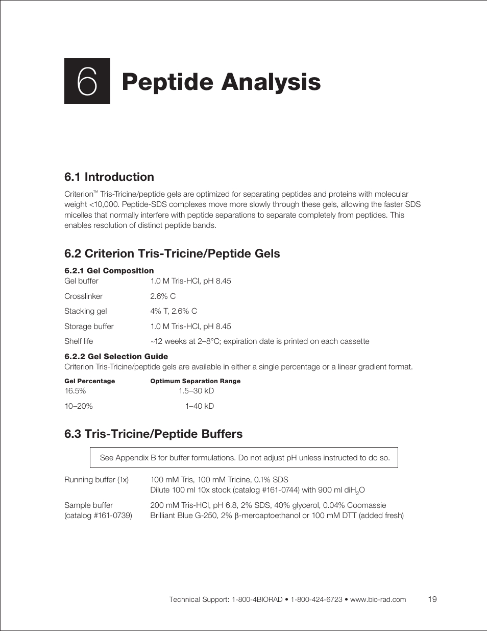Chapter 6: peptide analysis, 1 introduction, 2 criterion tris-tricine/peptide gels | 1 gel composition, 2 gel selection guide, 3 tris-tricine/peptide buffers, Peptide analysis (chapter 6), Peptide analysis | Bio-Rad Criterion™ TBE-Urea Precast Gels User Manual | Page 25 / 60