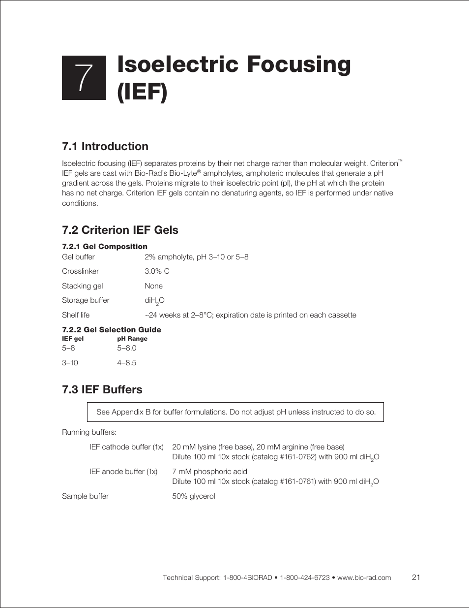 Chapter 7: isoelectric focusing (ief), 1 introduction, 2 criterion ief gels | 1 gel composition, 2 gel selection guide, 3 ief buffers, Isoelectric focusing (chapter 7), Isoelectric focusing (ief) | Bio-Rad Criterion™ TBE-Urea Precast Gels User Manual | Page 27 / 60