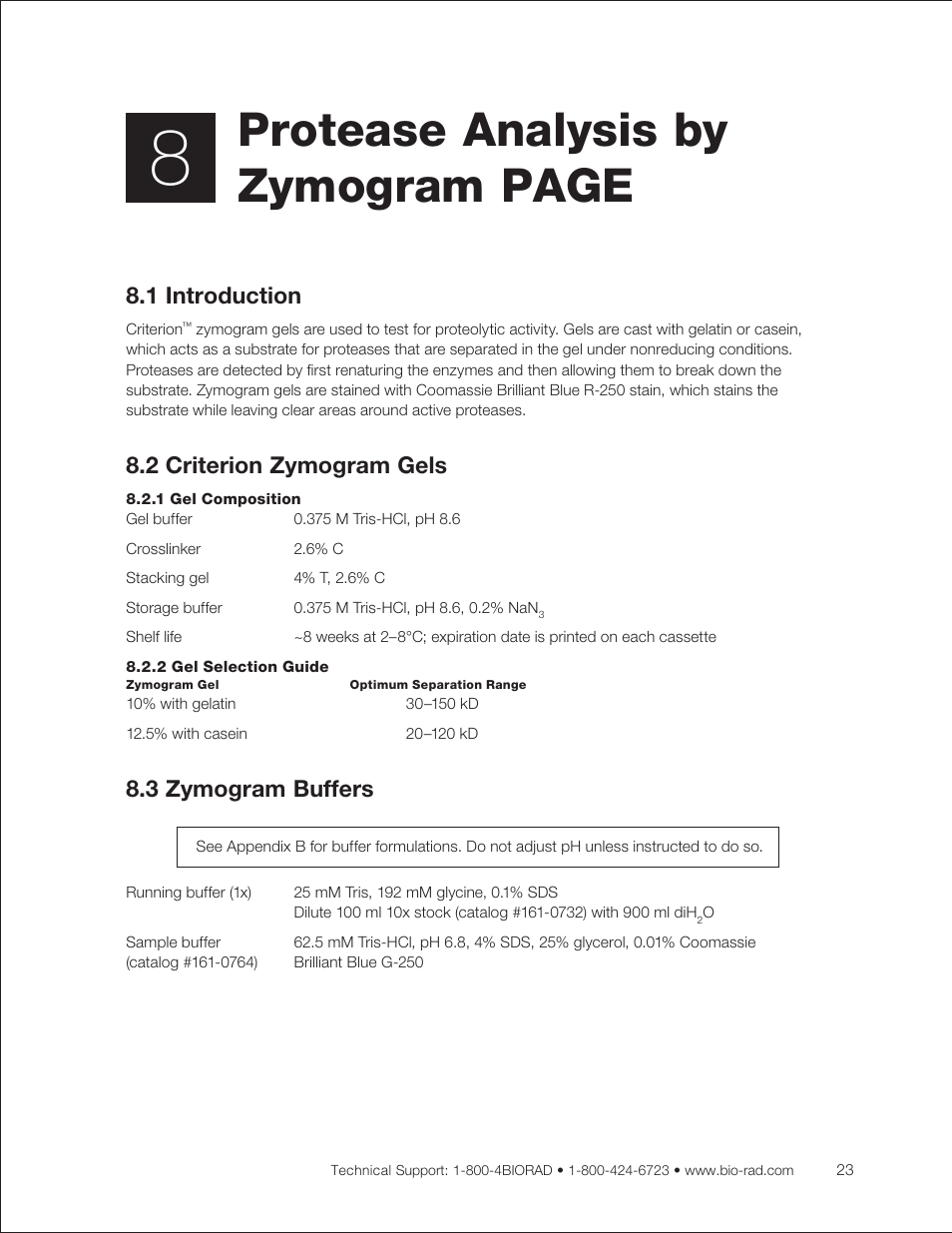 1 introduction, 2 criterion zymogram gels, 1 gel composition | 2 gel selection guide, 3 zymogram buffers, Protease analysis (chapter 8), Protease analysis by zymogram page | Bio-Rad Criterion™ TBE-Urea Precast Gels User Manual | Page 29 / 60