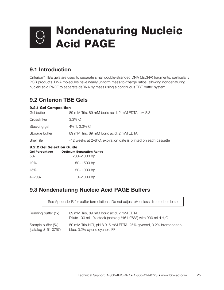 1 introduction, 2 criterion tbe gels, 1 gel composition | 2 gel selection guide, Nondenaturing nucleic acid page, 3 nondenaturing nucleic acid page buffers | Bio-Rad Criterion™ TBE-Urea Precast Gels User Manual | Page 31 / 60
