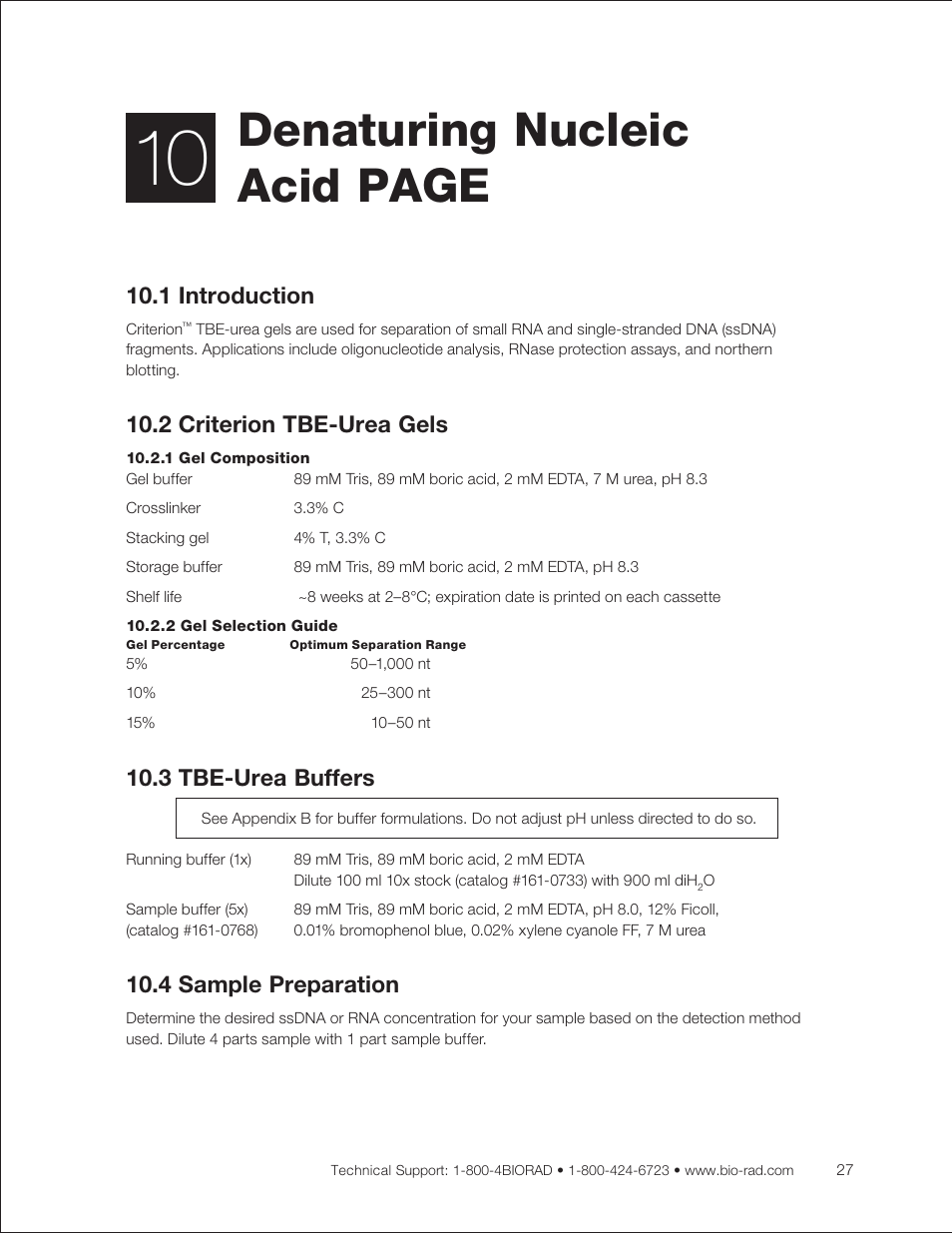 1 introduction, 2 criterion tbe-urea gels, 1 gel composition | 2 gel selection guide, 3 tbe-urea buffers, 4 sample preparation, Denaturing nucleic acid page | Bio-Rad Criterion™ TBE-Urea Precast Gels User Manual | Page 33 / 60