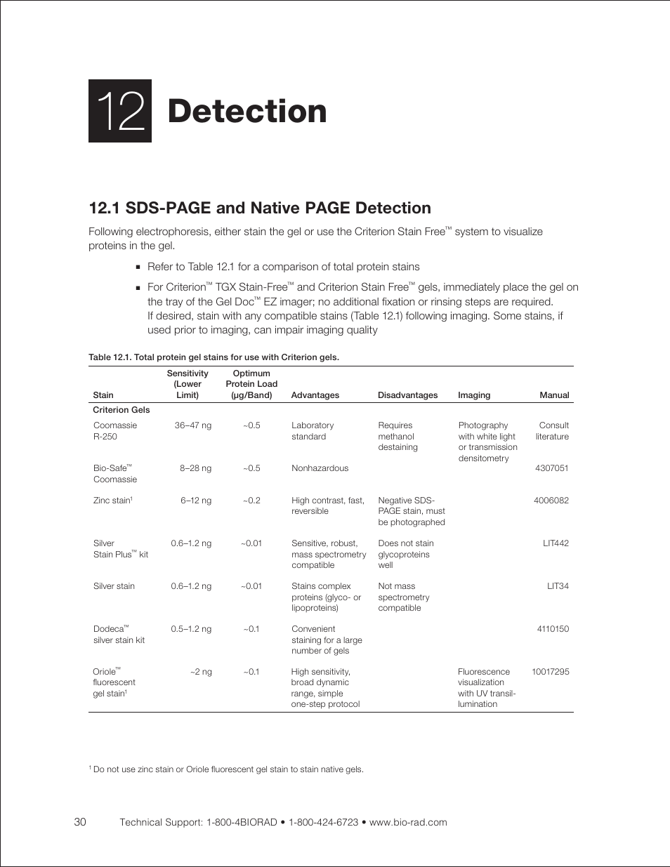 Chapter 12: detection, Analyze the separation, Chapter 12) | Stain the gels for total protein, Detection, 1 sds-page and native page detection | Bio-Rad Criterion™ TBE-Urea Precast Gels User Manual | Page 36 / 60