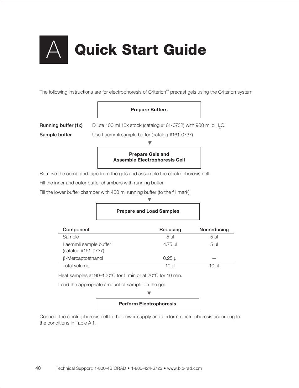 Appendix a: quick start guide, Quick start guide | Bio-Rad Criterion™ TBE-Urea Precast Gels User Manual | Page 46 / 60