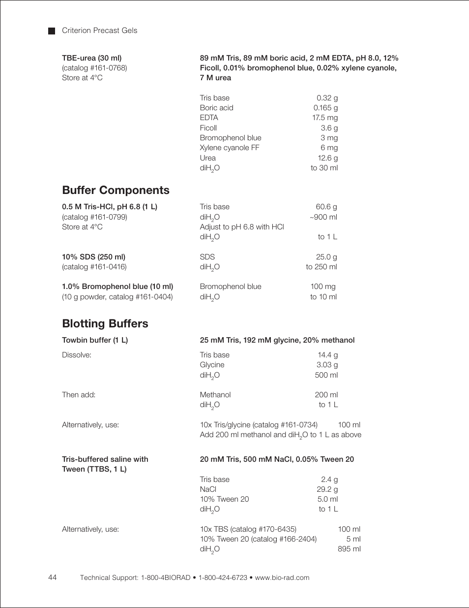 See appendix b for buffer formulations. d, Buffer components, Blotting buffers | Bio-Rad Criterion™ TBE-Urea Precast Gels User Manual | Page 50 / 60