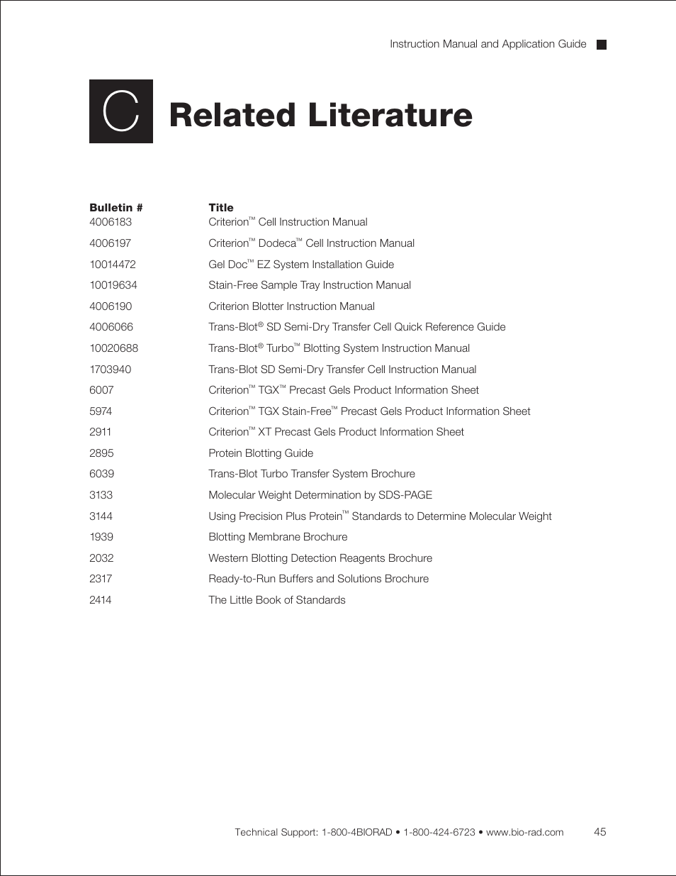 Appendix c: related literature, Related literature | Bio-Rad Criterion™ TBE-Urea Precast Gels User Manual | Page 51 / 60