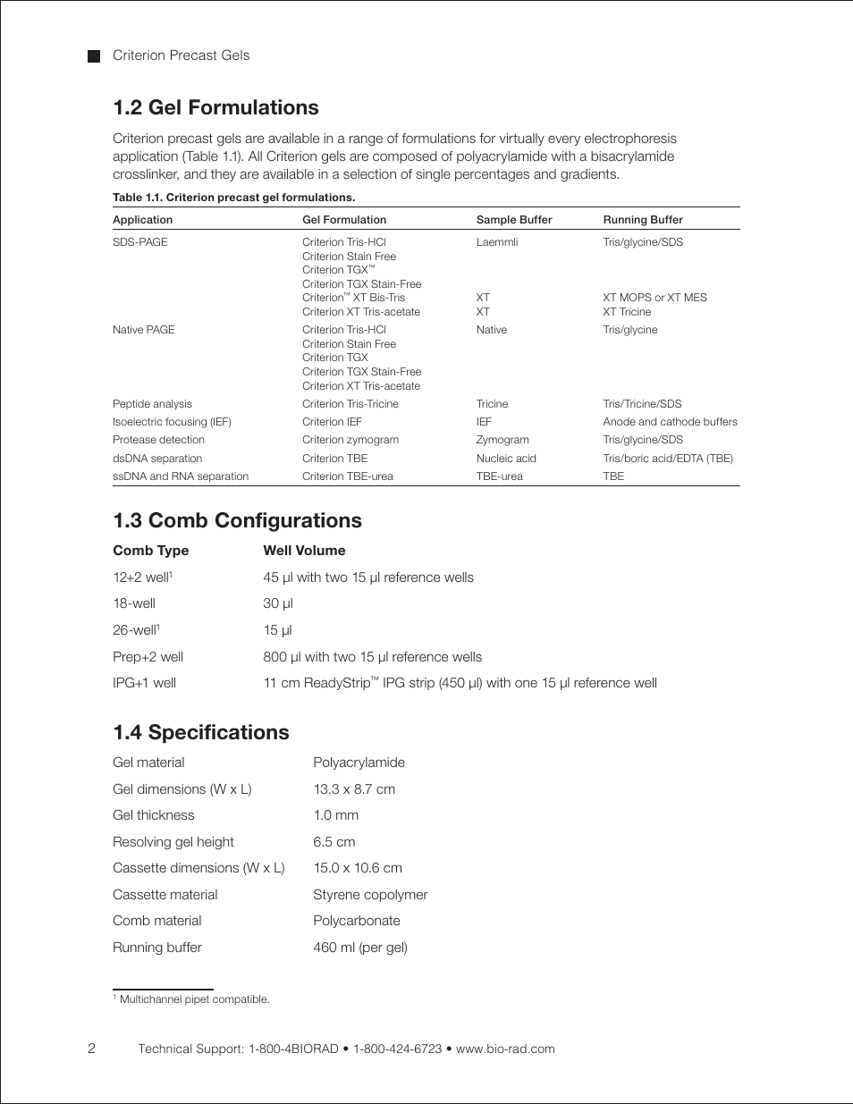2 gel formulations, 3 comb configurations, 4 specifications | Bio-Rad Criterion™ TBE-Urea Precast Gels User Manual | Page 8 / 60