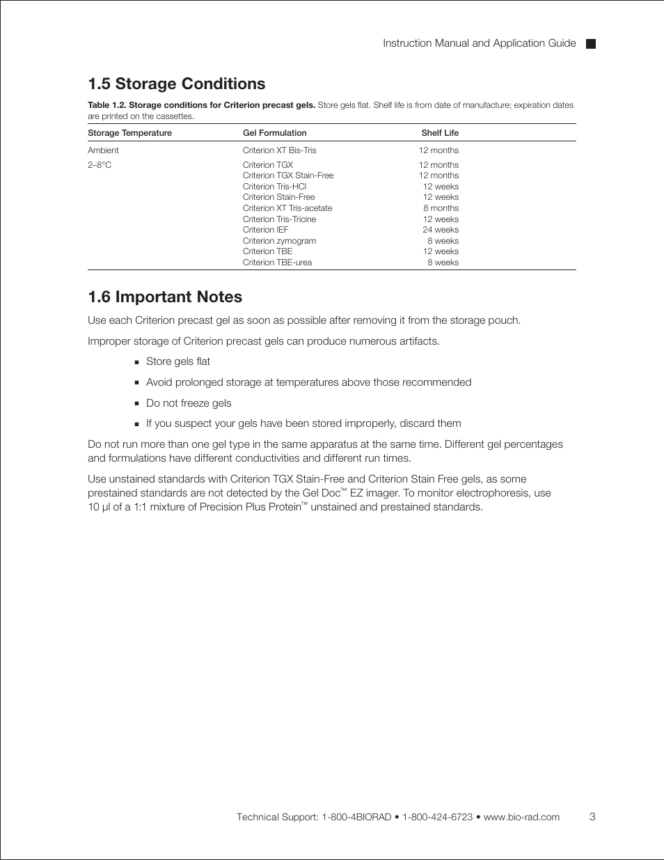 5 storage conditions, 6 important notes | Bio-Rad Criterion™ TBE-Urea Precast Gels User Manual | Page 9 / 60