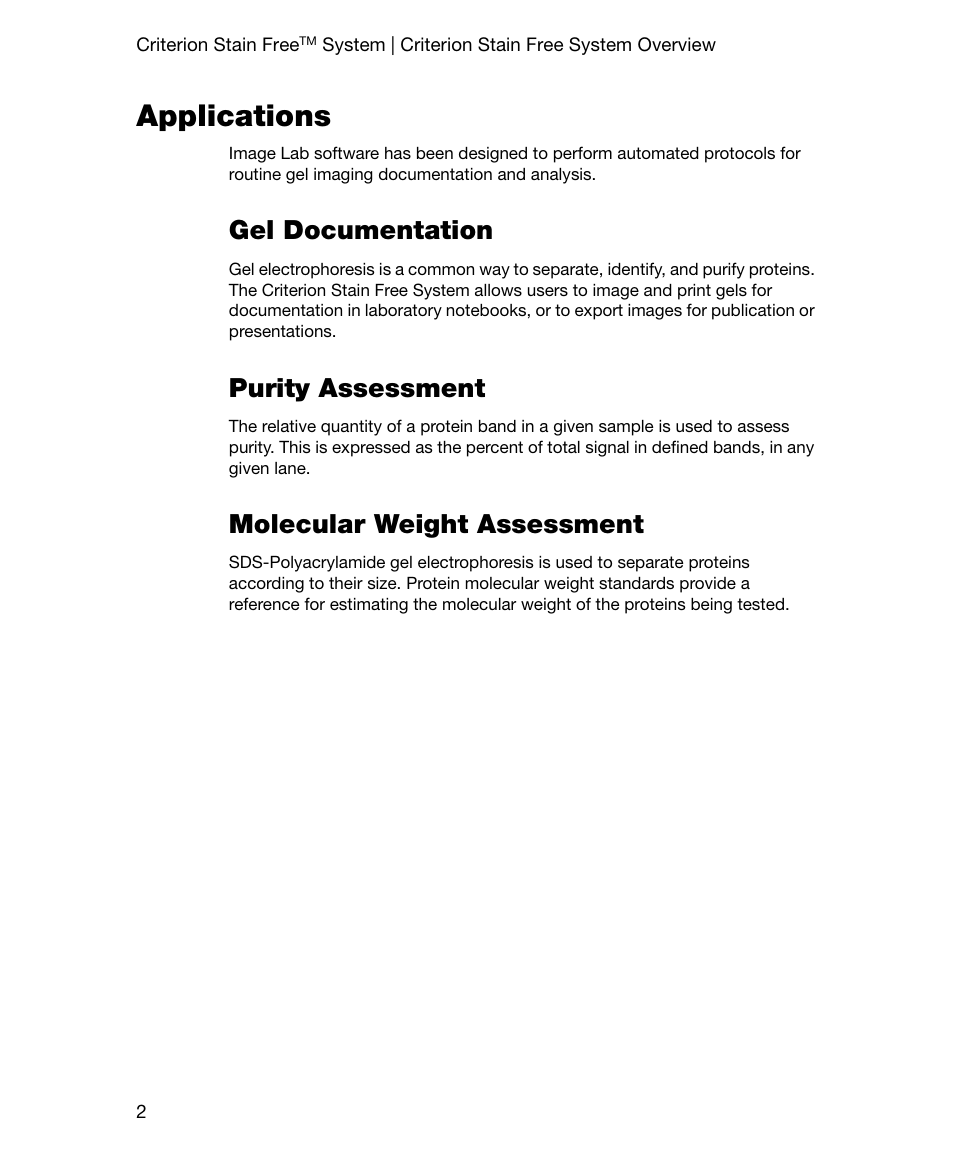 Applications, Gel documentation, Purity assessment | Molecular weight assessment | Bio-Rad Gel Doc™ EZ System User Manual | Page 16 / 96