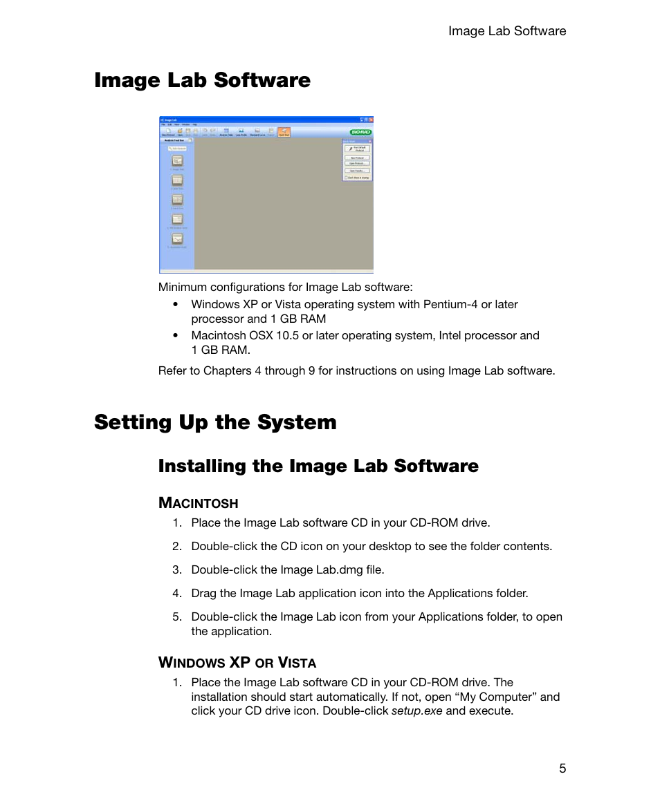 Image lab software, Setting up the system, Installing the image lab software | Macintosh, Windows xp or vista, Image lab software setting up the system, Macintosh windows xp or vista | Bio-Rad Gel Doc™ EZ System User Manual | Page 19 / 96