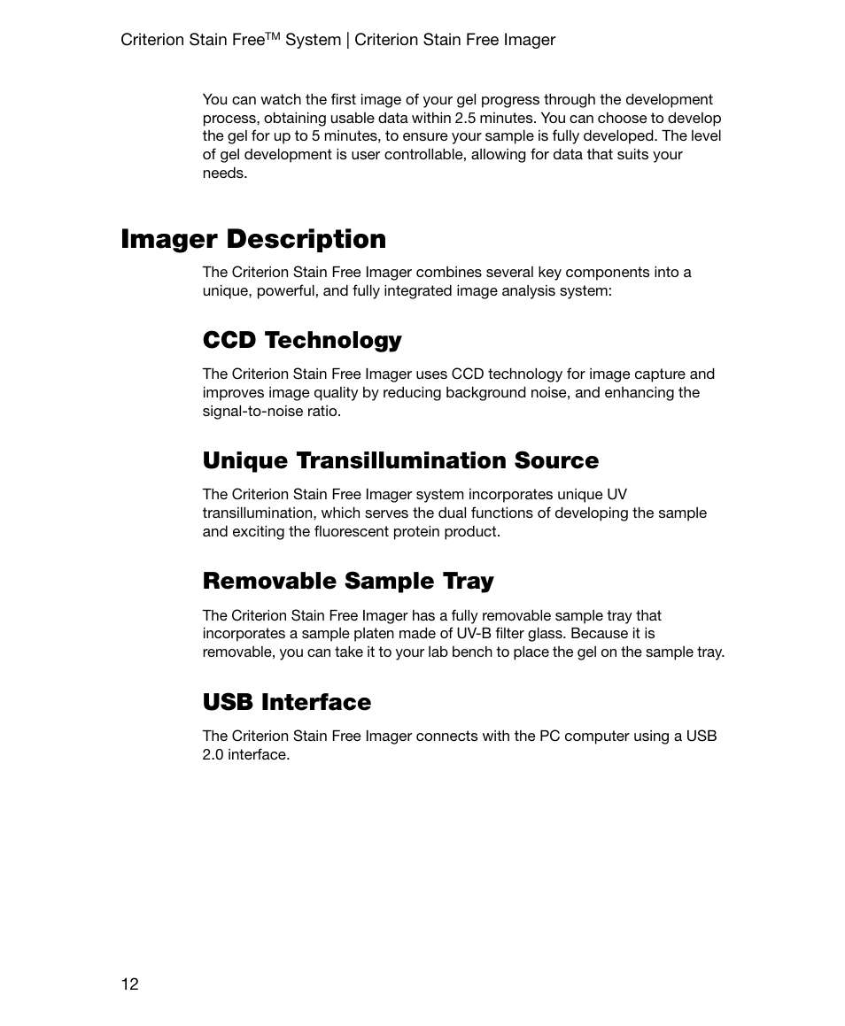 Imager description, Ccd technology, Unique transillumination source | Removable sample tray, Usb interface | Bio-Rad Gel Doc™ EZ System User Manual | Page 26 / 96