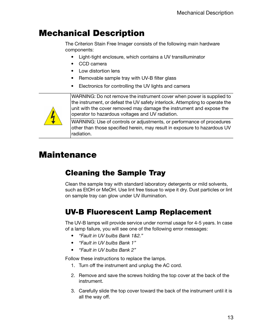 Mechanical description, Maintenance, Cleaning the sample tray | Uv-b fluorescent lamp replacement, Mechanical description maintenance | Bio-Rad Gel Doc™ EZ System User Manual | Page 27 / 96