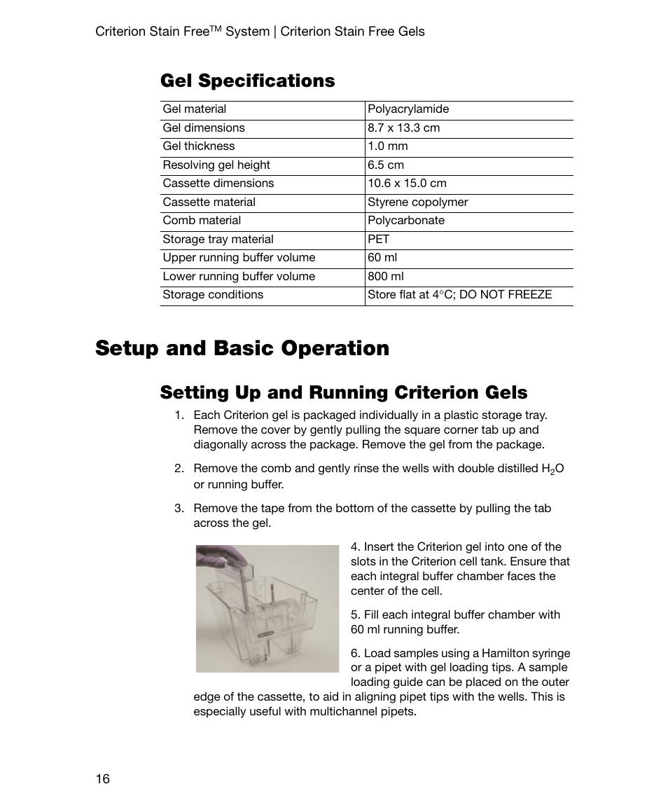 Gel specifications, Setup and basic operation, Setting up and running criterion gels | Bio-Rad Gel Doc™ EZ System User Manual | Page 30 / 96