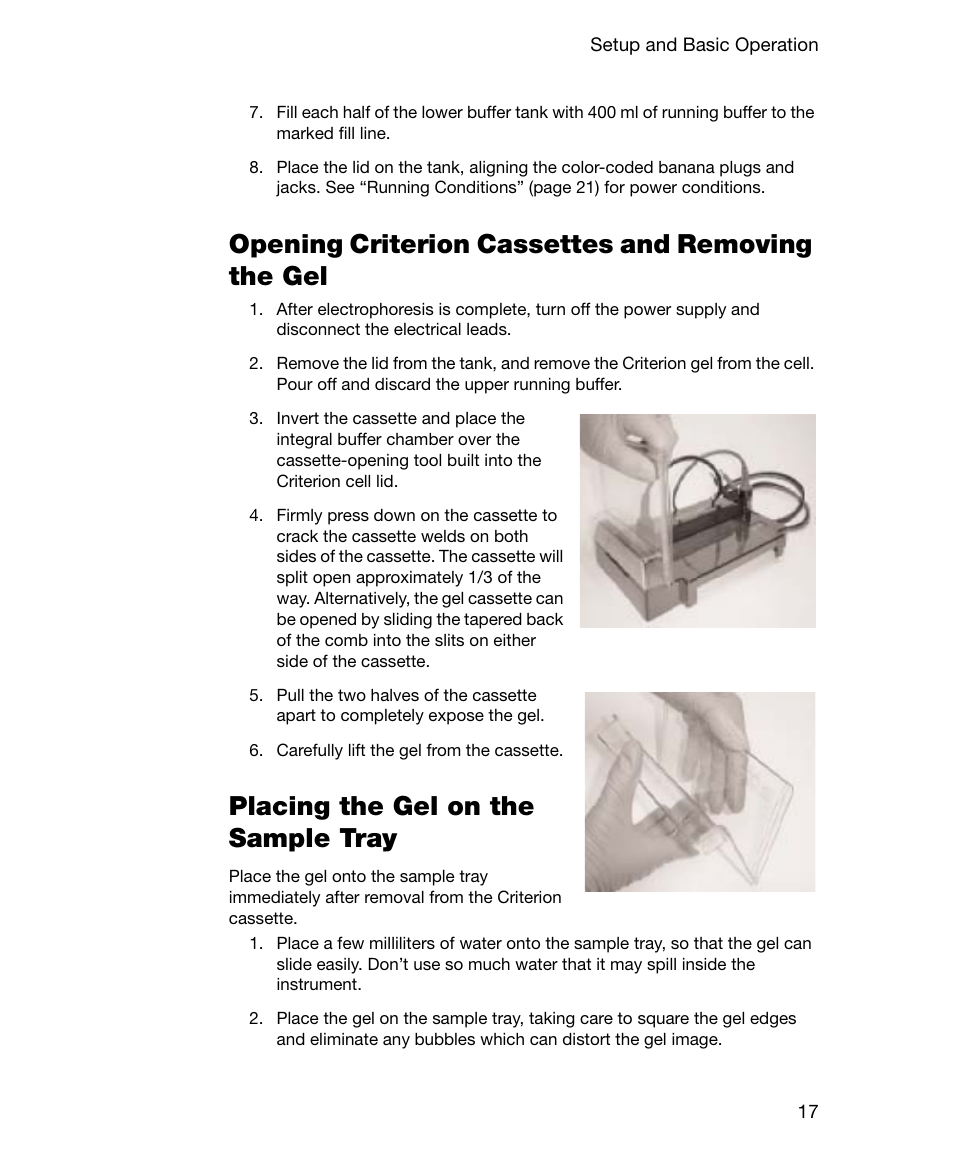 Opening criterion cassettes and removing the gel, Placing the gel on the sample tray | Bio-Rad Gel Doc™ EZ System User Manual | Page 31 / 96